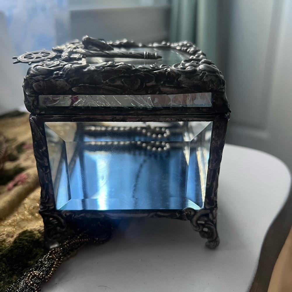 Vintage Glass Jewelry Box with Ornate Metal Frame